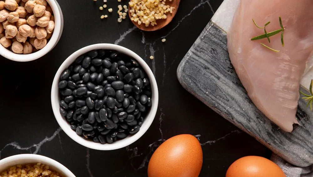 Image d'aliments riches en protéines, composés d'acides aminés.