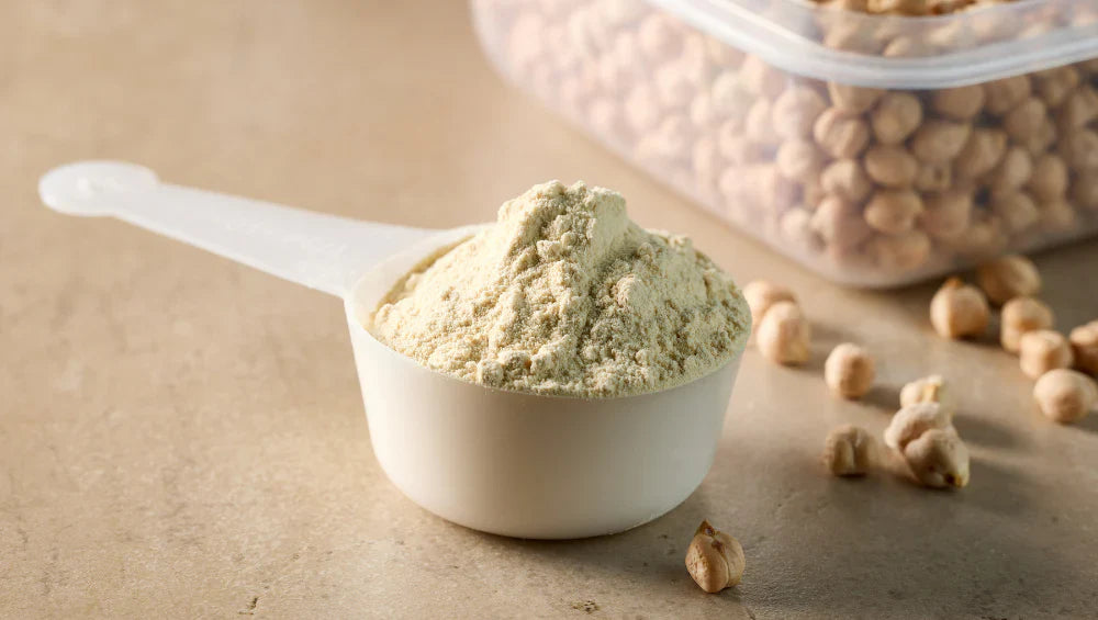 Une scoop contenant de la protéine végétale de pois chiche